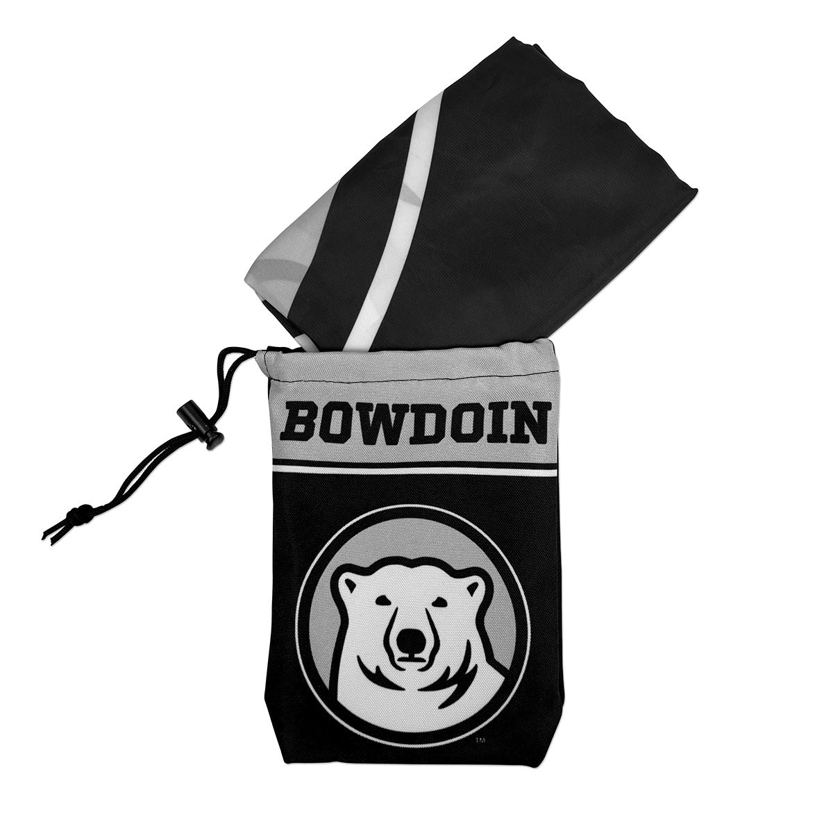 Black drawstring bag with 'Bowdoin' and bear logo on a white background