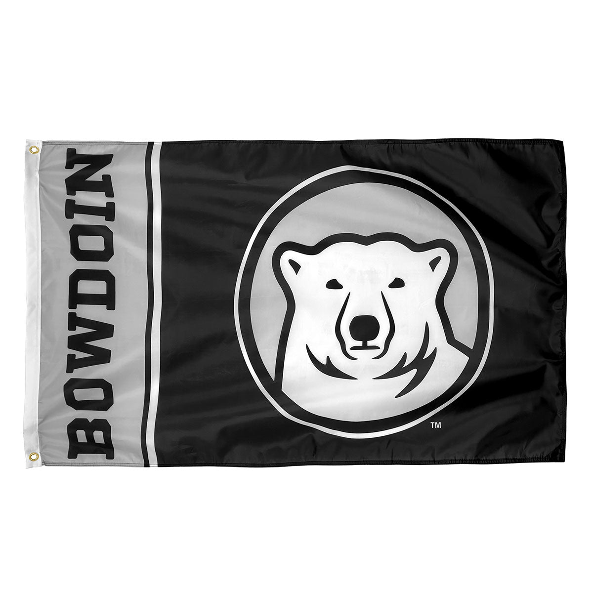 Flag with 'Bowdoin' text and bear logo on a black background