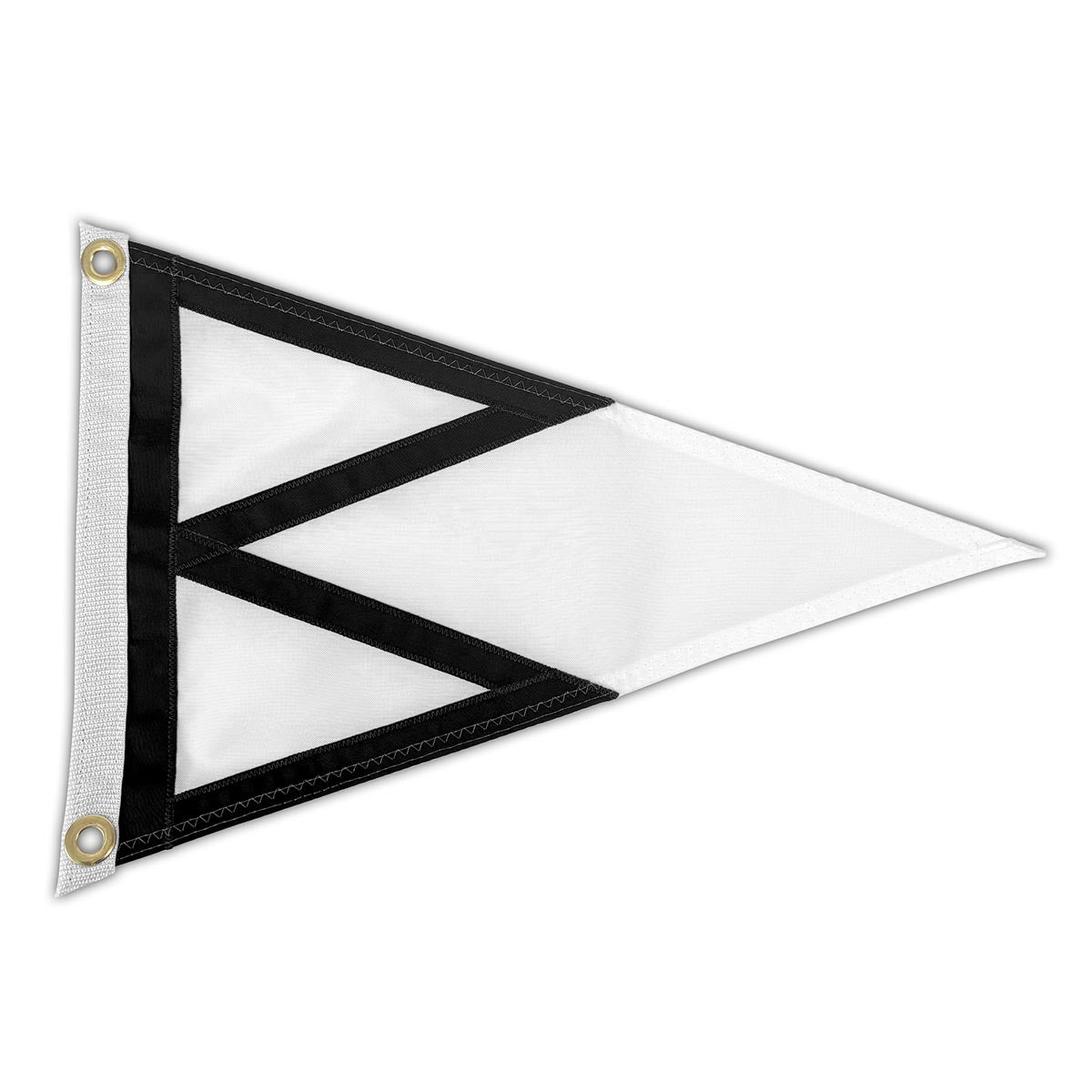 White triangle flag with black B-shaped pattern on a white background