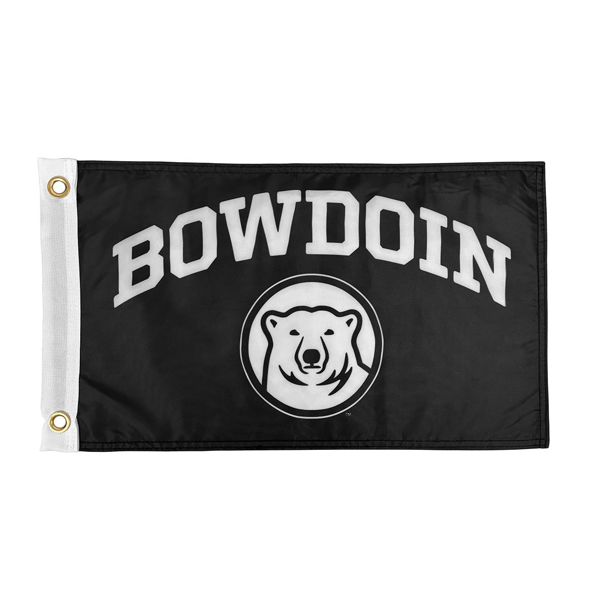 Black flag with white BOWDOIN and polar bear logo.