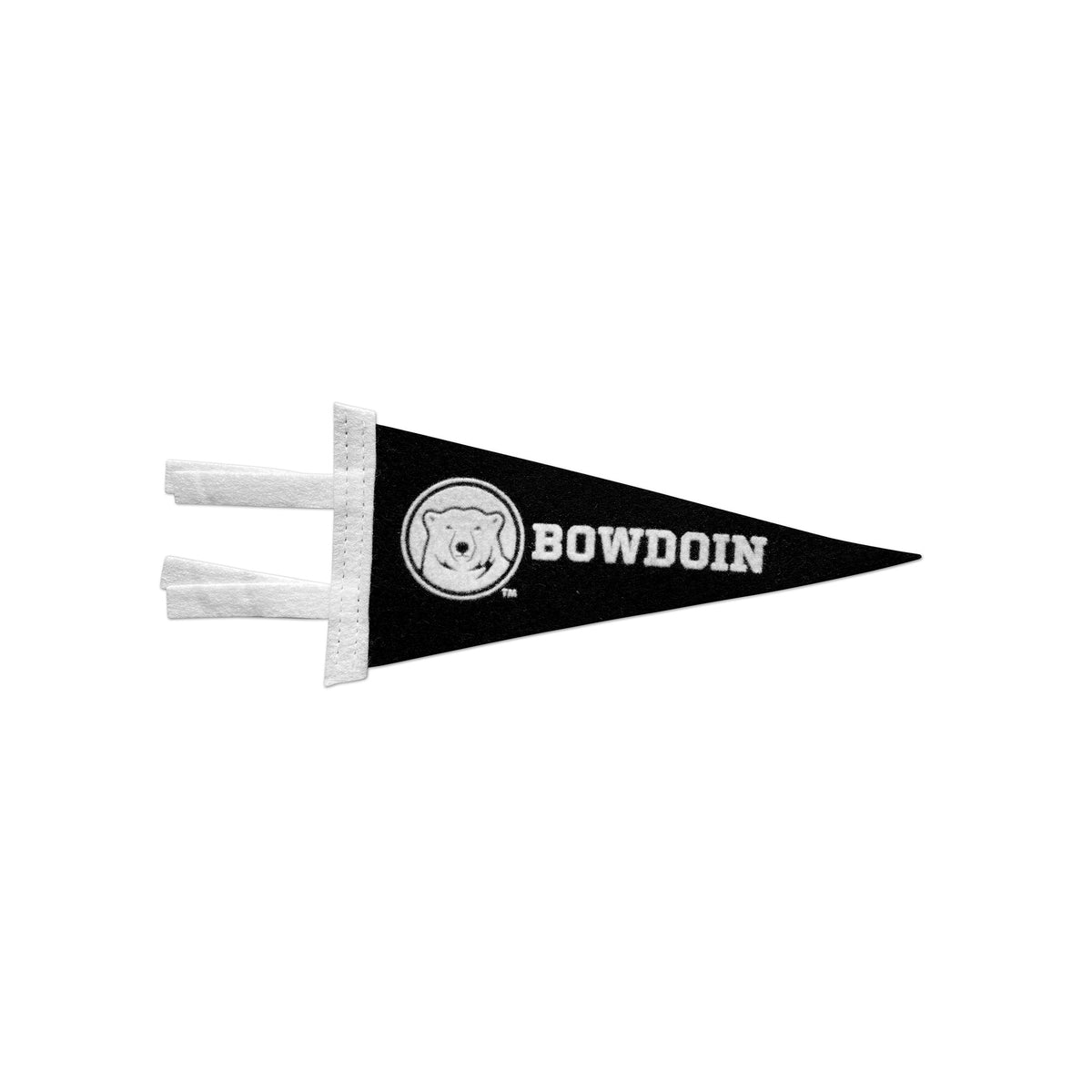 Black felt pennant with white ties and a white polar bear logo and BOWDOIN in athletic type, on a white background.