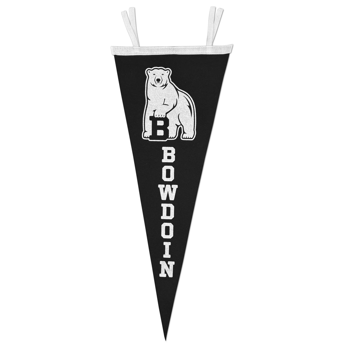 A black triangular pennant flag with white ties, featuring a white polar bear graphic with a large letter B and the word 'BOWDOIN' printed vertically in white.