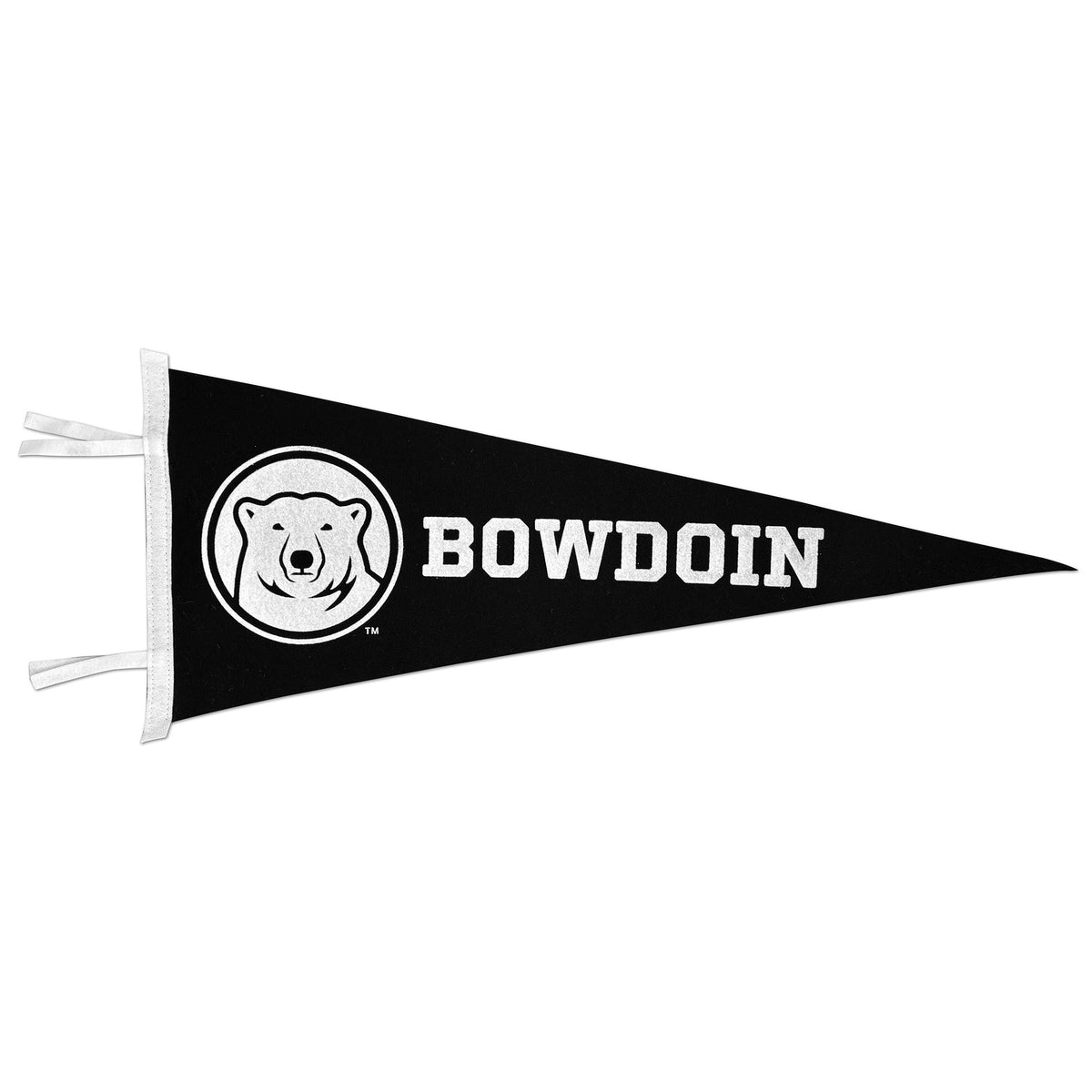 A black triangular pennant flag with white ties, featuring a round white bear logo and the word 'BOWDOIN' in white block letters.