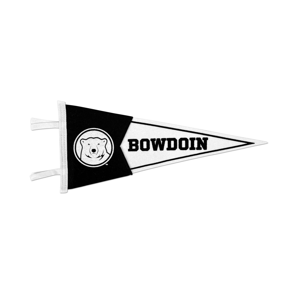 A black and white Bowdoin pennant flag with the Bowdoin name and bear logo, shown on a plain white background.