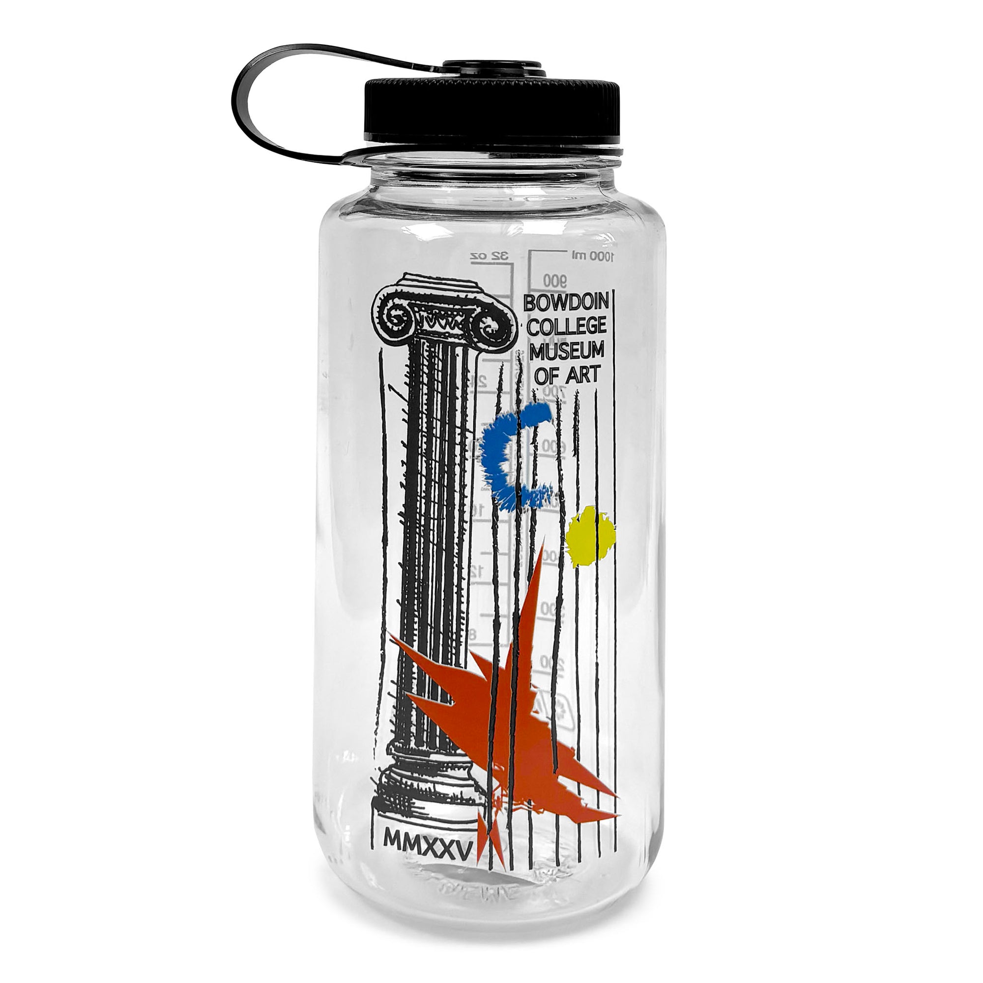 Clear water bottle with artistic design and black lid on a white background