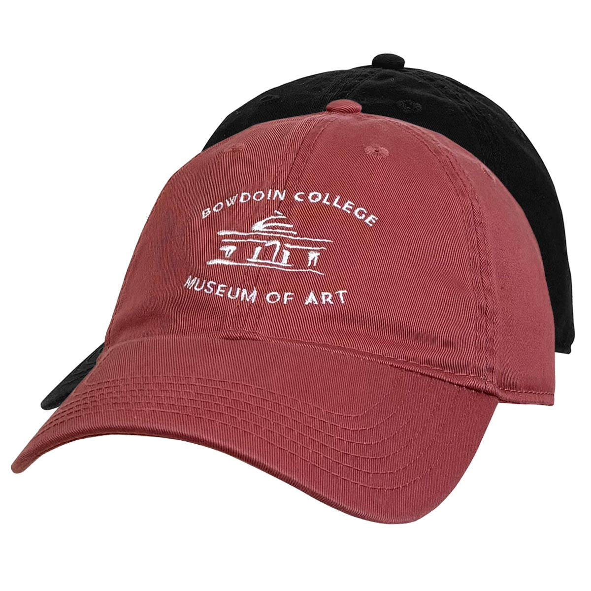 Red and black caps with 'Bowdoin College Museum of Art' logo on a white background
