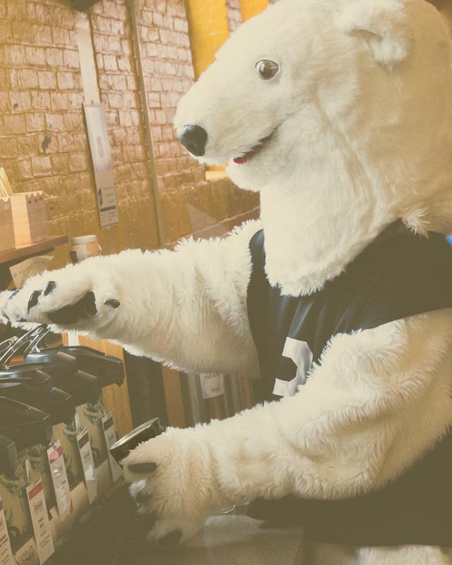 Person wearing a polar bear costume filling up a reusable coffee mug at the Cafe in Smith Union.