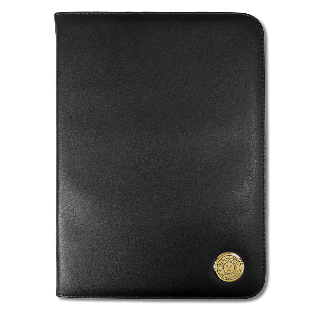 Black zippered portfolio with gold sun seal medallion in the lower left corner.