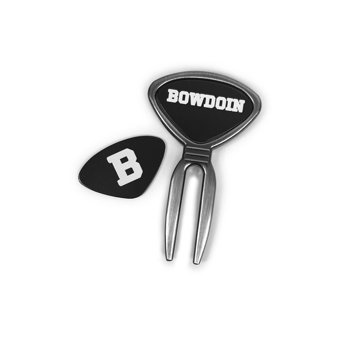 Metal divot tool with two black enamel markers. One has a B in white, and the other has BOWDOIN in white.