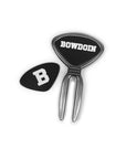 Metal divot tool with two black enamel markers. One has a B in white, and the other has BOWDOIN in white.