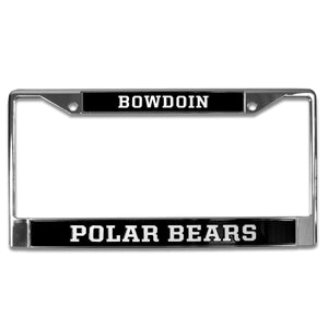 Metal-look license plate with inset black rectangles top and bottom. White text in top reads BOWDOIN, bottom text reads POLAR BEARS
