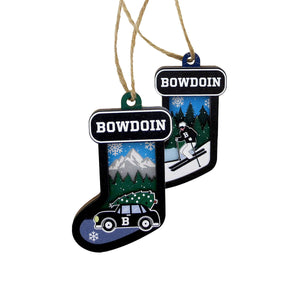 Stocking ornaments with car and skier.