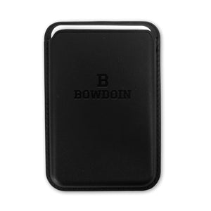 Black leather card wallet with embossed B over BOWDOIN decoration.