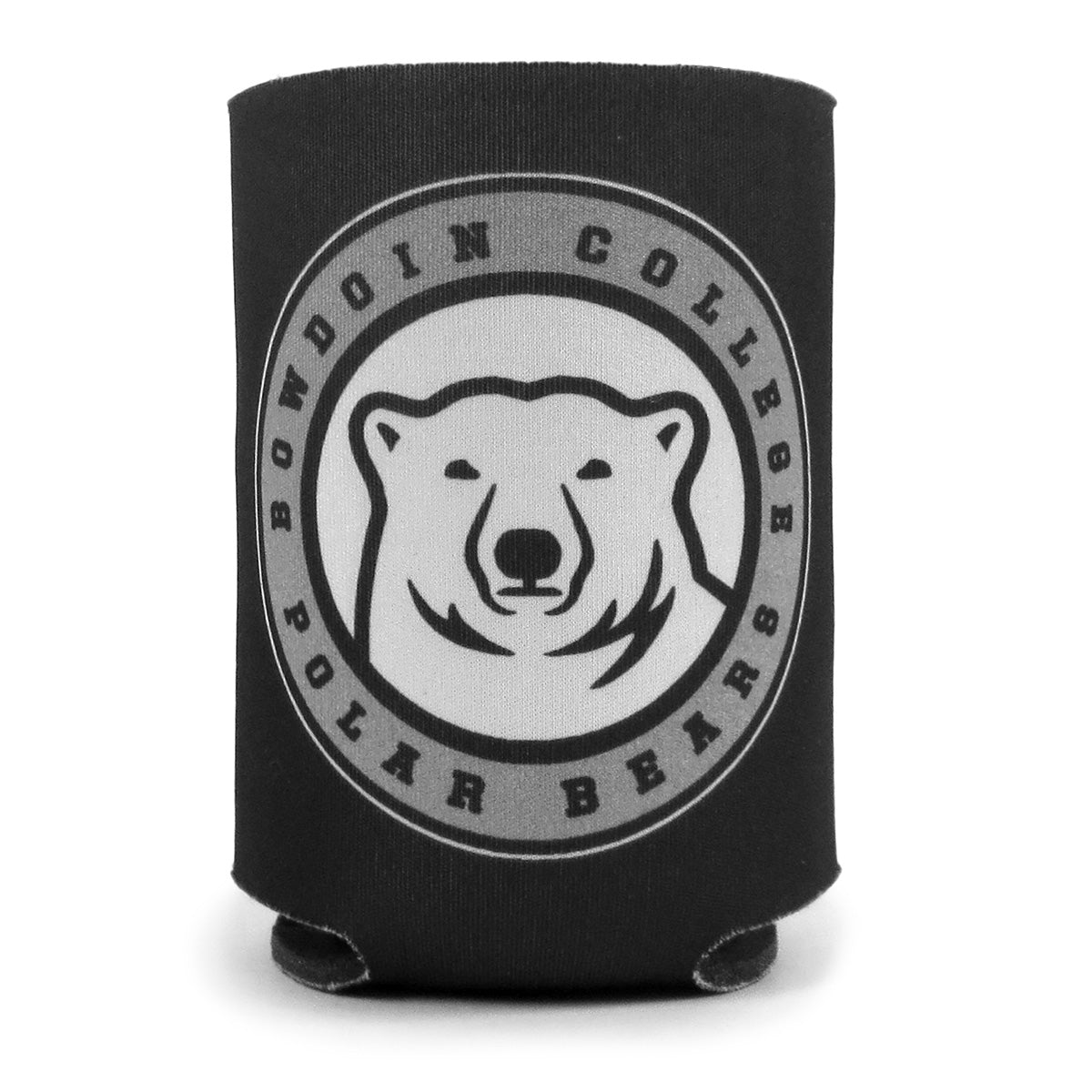 Black can cooler with polar bear medallion with BOWDOIN COLLEGE POLAR BEARS printed around in a ring.