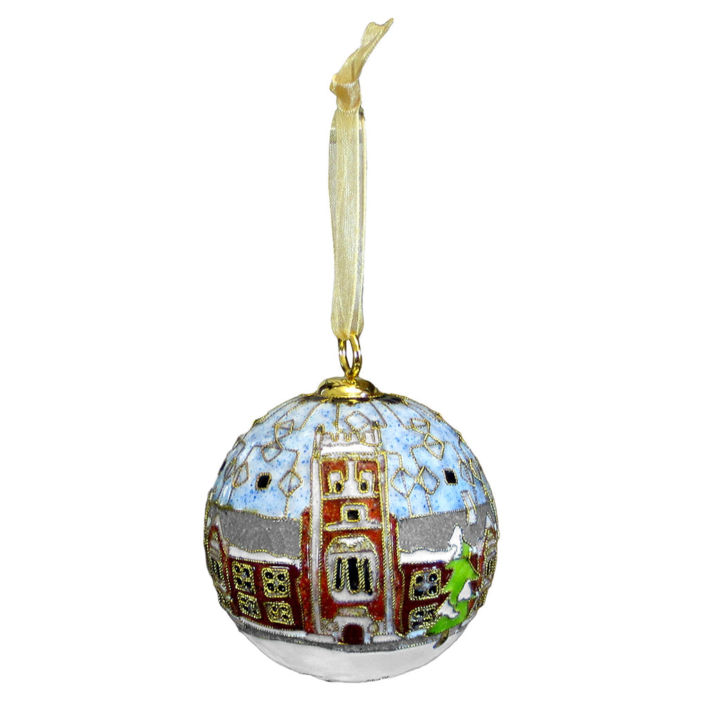 Gold and enamel cloissone ornament with Hubbard Hall on front.