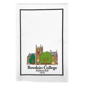 White tea towel with full color illustrated imprint of Hubbard Hall. Text beneath the illustration reads Bowdoin College Hubbard Hall 1903