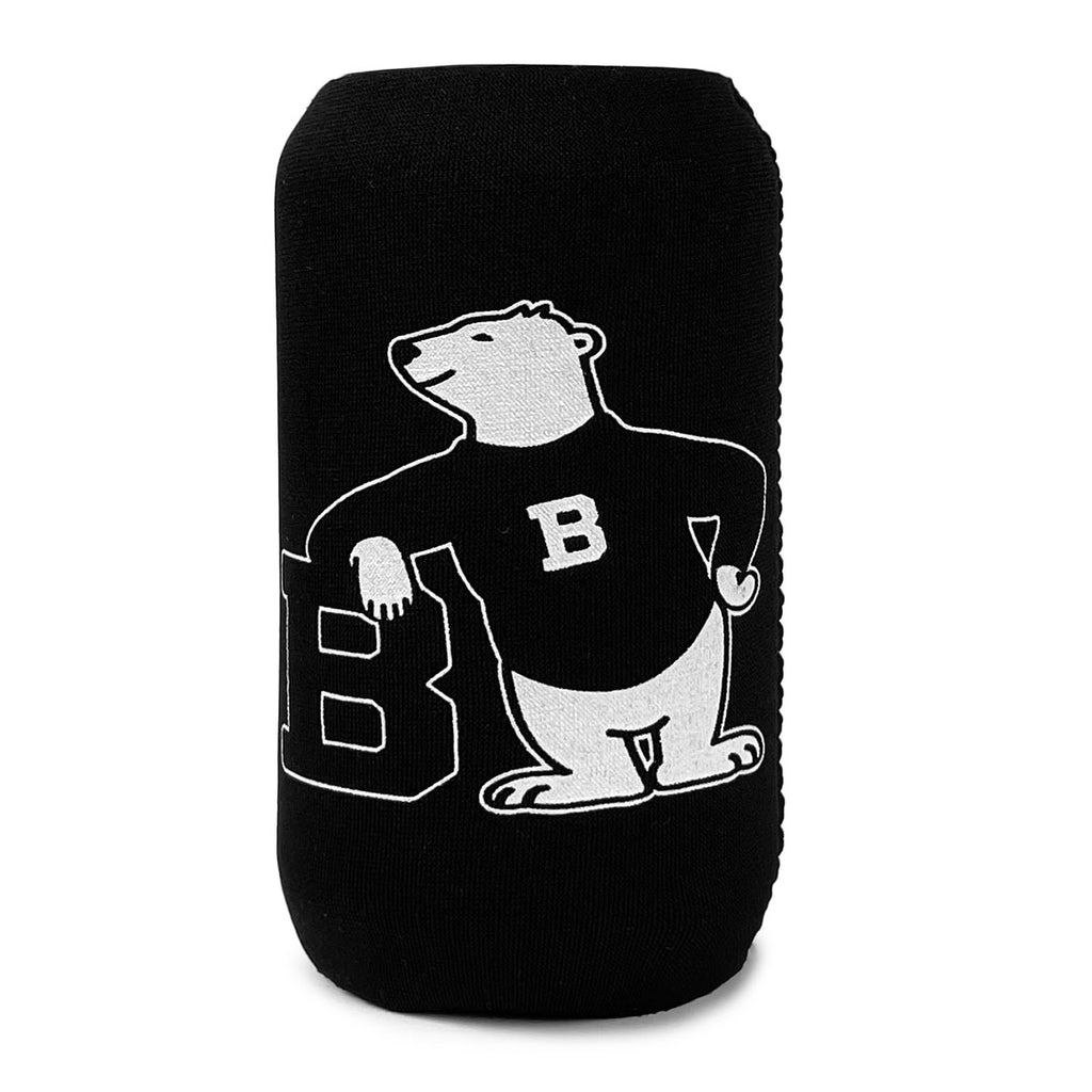 Black neoprene can cooler with white imprint of cartoon polar bear in a black sweater leaning on the letter B.