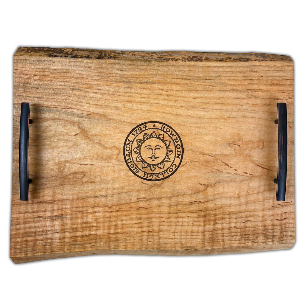 Wooden serving tray with handles and laser engraved Bowdoin College seal in the center.