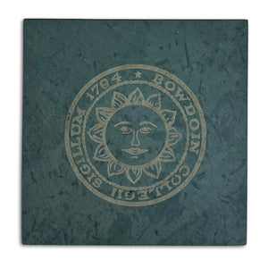 Green slate coaster with engraved Bowdoin College seal.