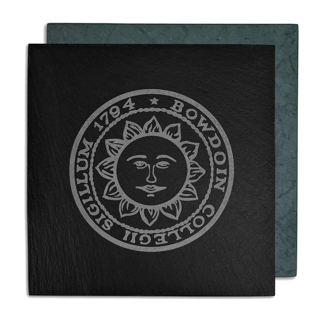 Two colors of engraved slate coaster.