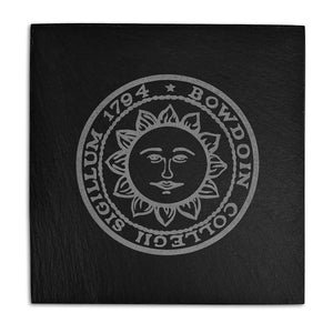 Black slate coaster with engraved Bowdoin College seal.