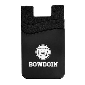 Black silicone card wallet with two pockets. White imprint of mascot medallion over white BOWDOIN logotype.