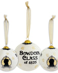 Three views of a white ornament with black text and gold accents on a white background
