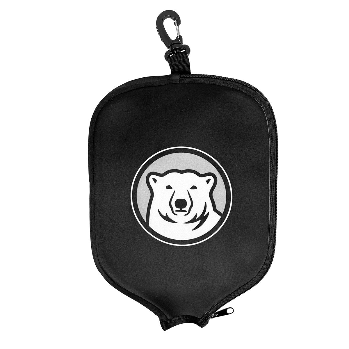 Black pickleball paddle cover with a bear logo on a white background