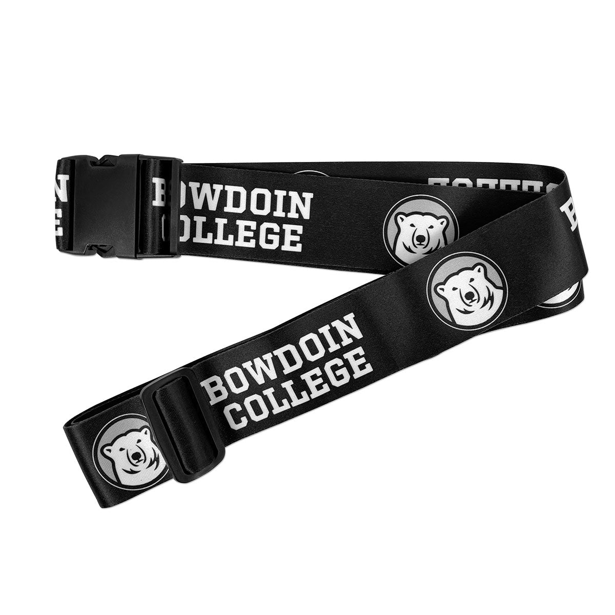 Black luggage strap with 'Bowdoin College' text and bear graphics on a white background