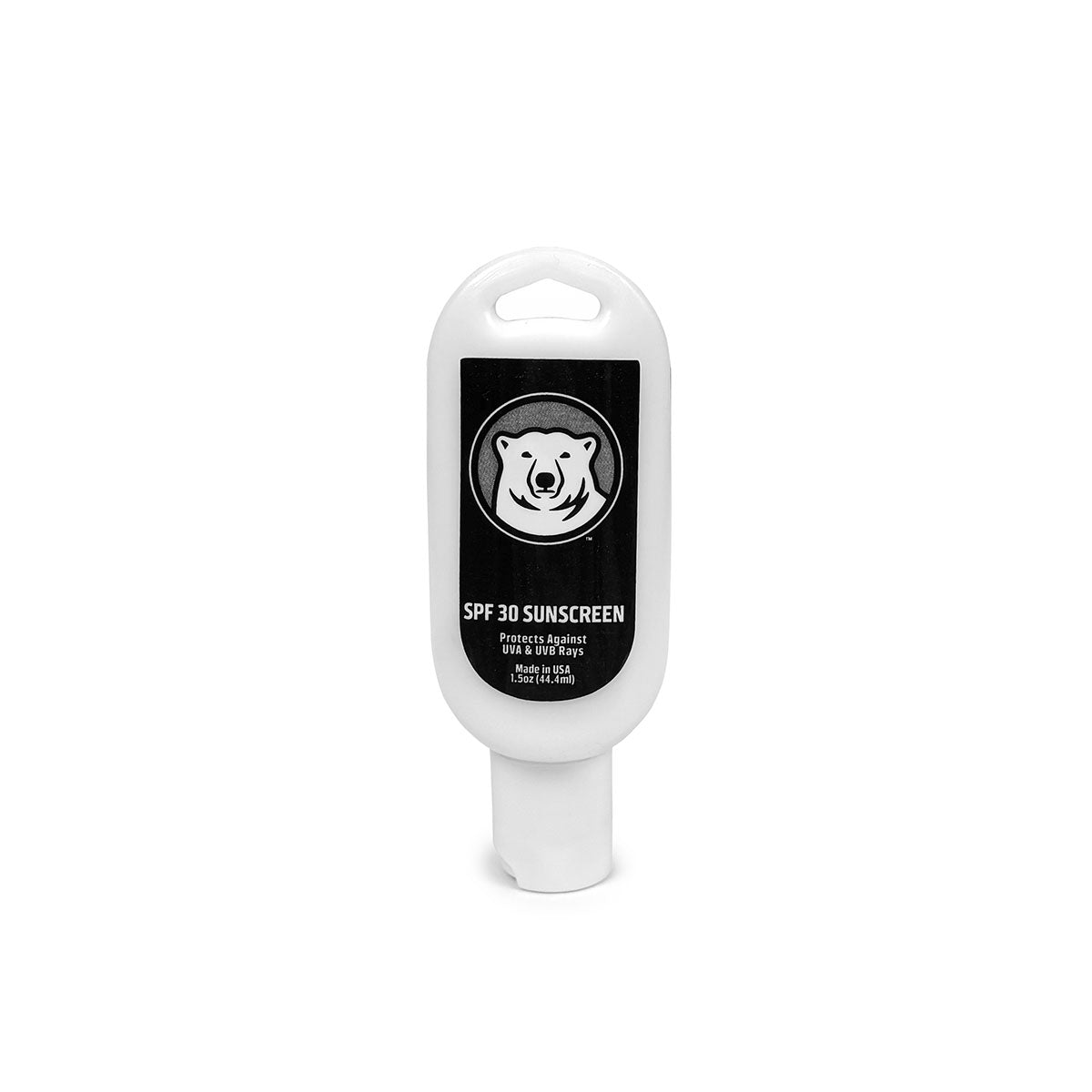 SPF 30 sunscreen tube with a bear logo on a white background