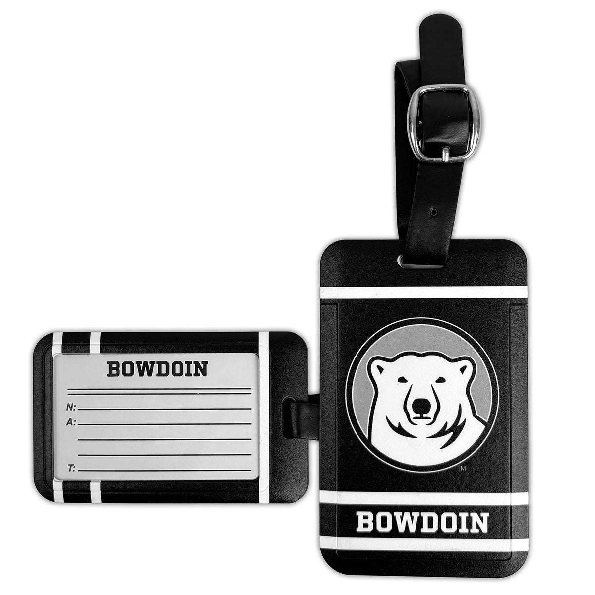 Luggage tag with 'Bowdoin' branding and bear logo on a white background