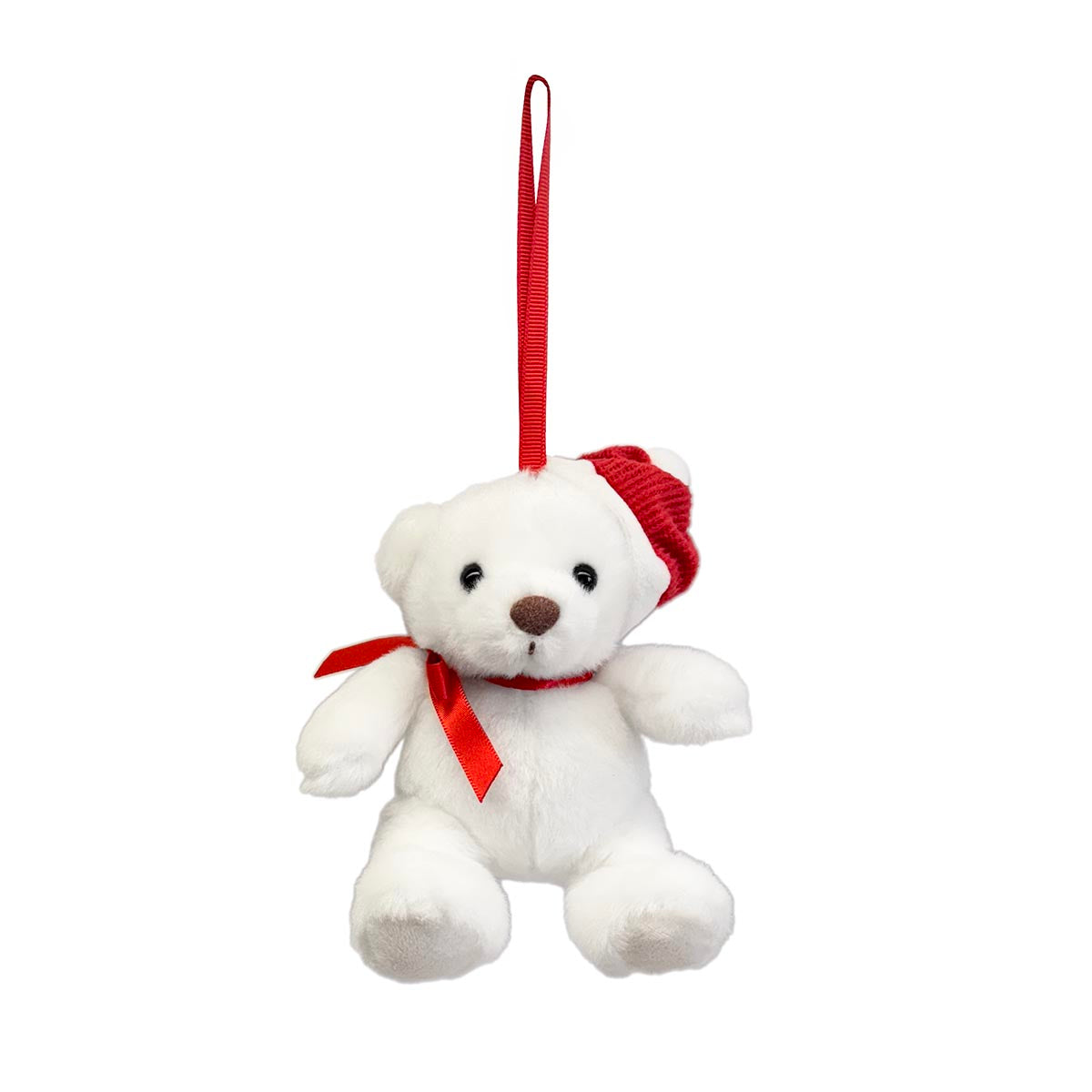 White teddy bear with a red hat and scarf on a white background
