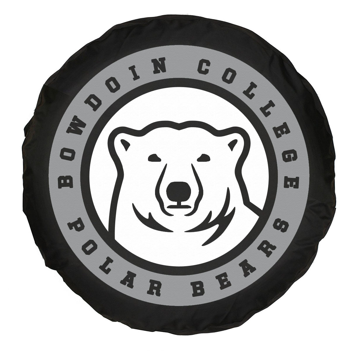 Black tire cover with a bear logo and 'Bowdoin College Polar Bears' text on a white background