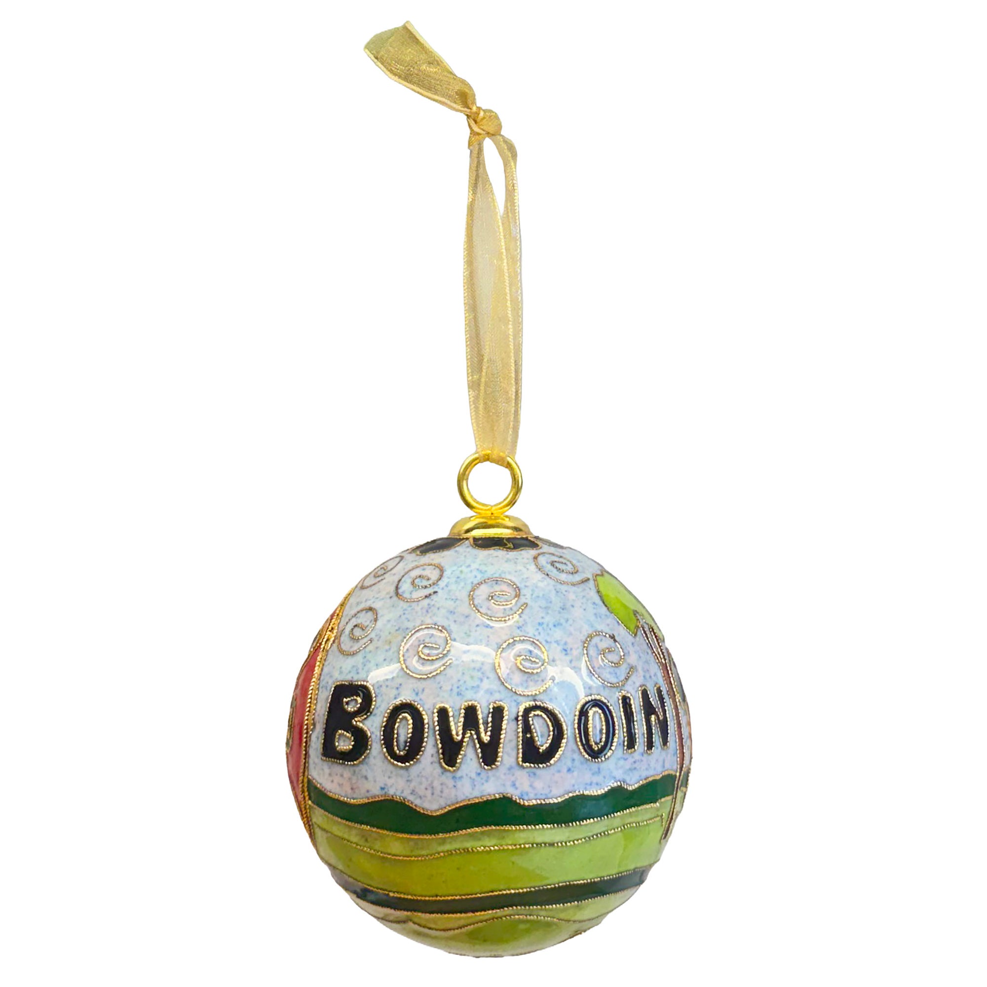 Decorative ornament with 'Bowdoin' text on a white background