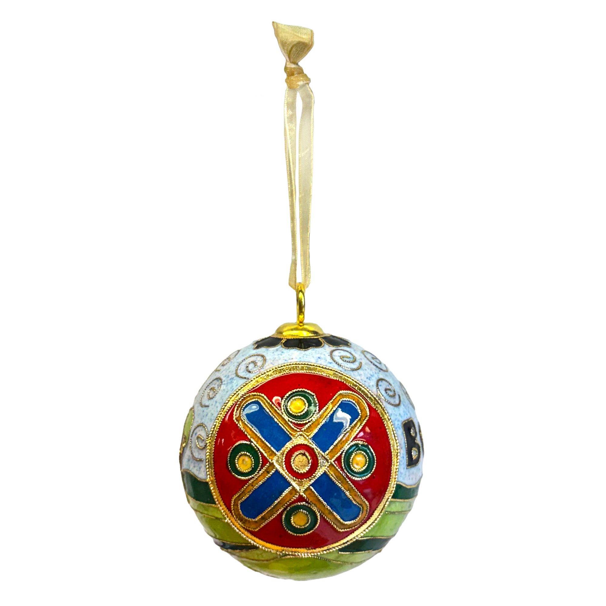 Decorative ball ornament with intricate red circular design on a white background