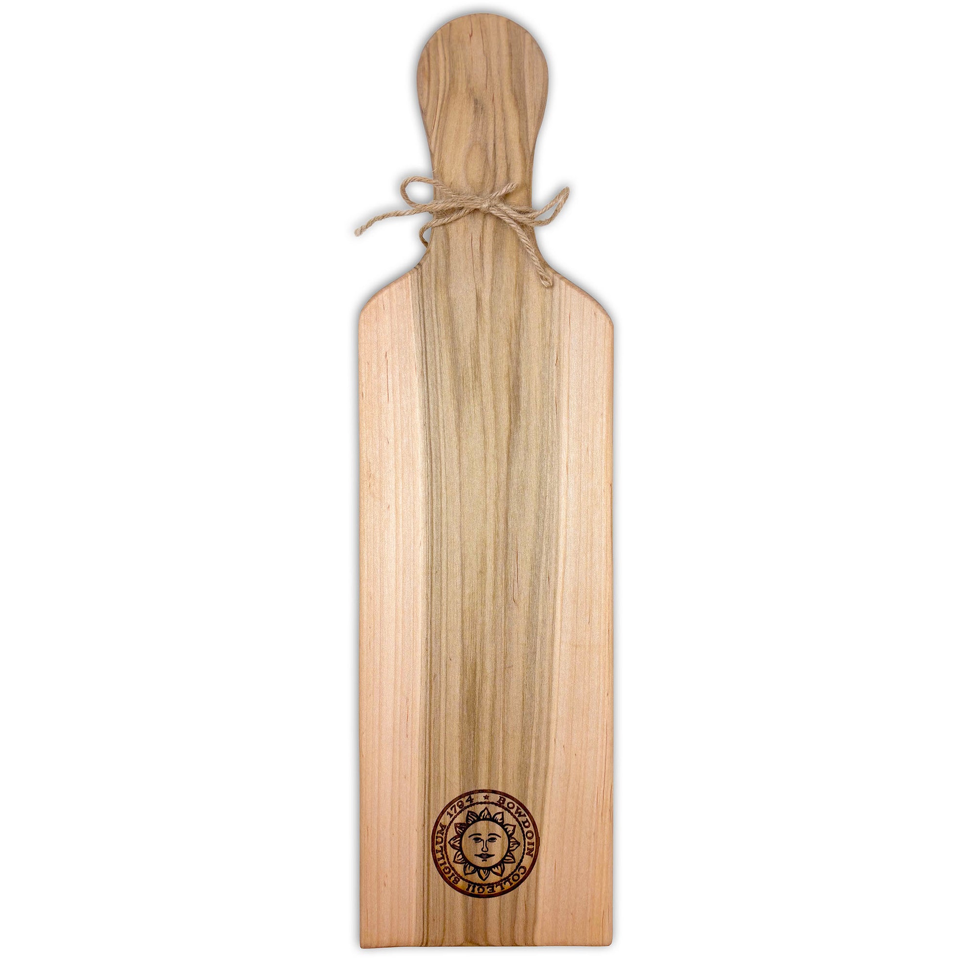 Wooden paddle-shaped bread board with laser engraved Bowdoin College seal.