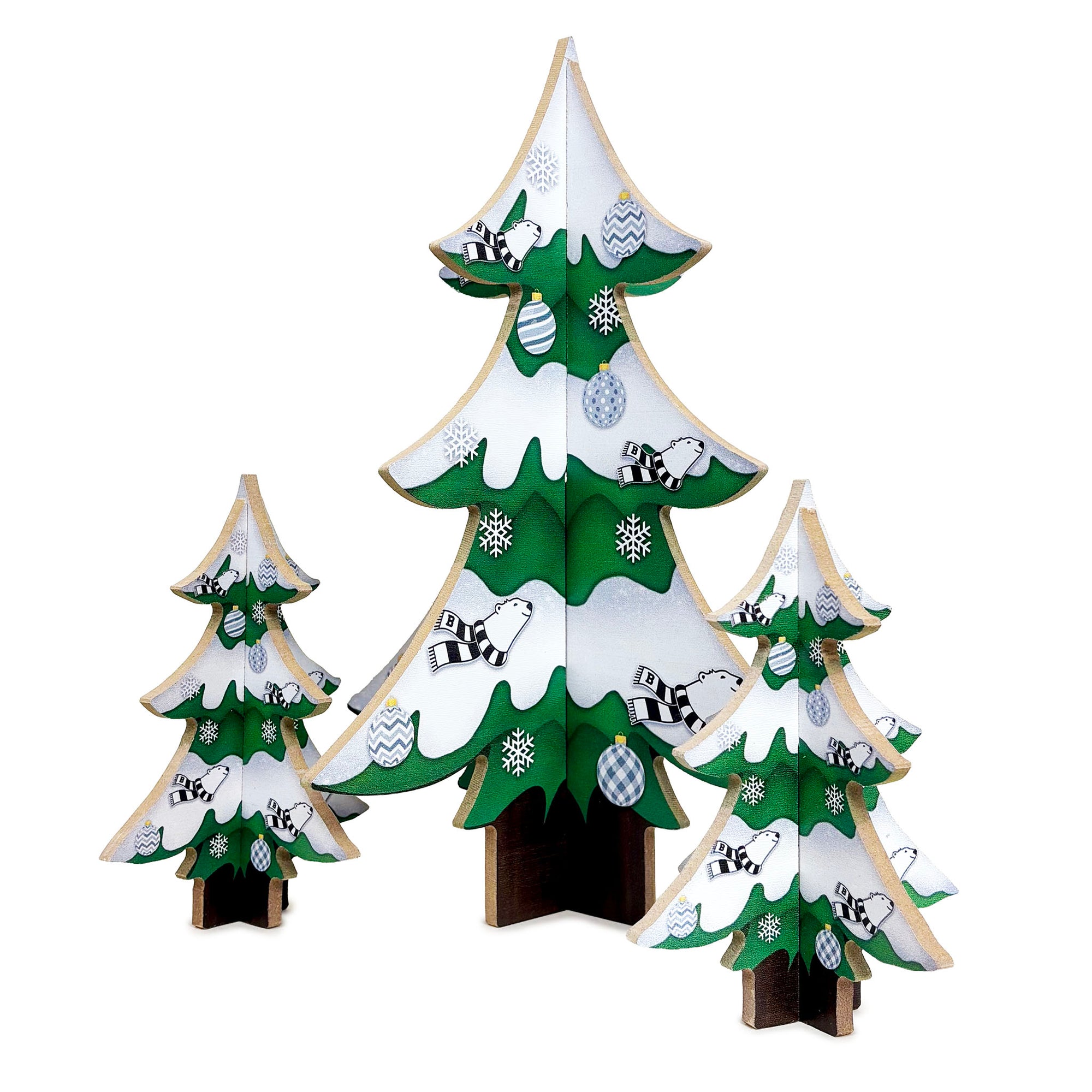 Three wooden Christmas tree ornaments of different sizes, decorated with green and white sections, snowflake patterns, and black-and-white striped ornaments, set against a plain white background.