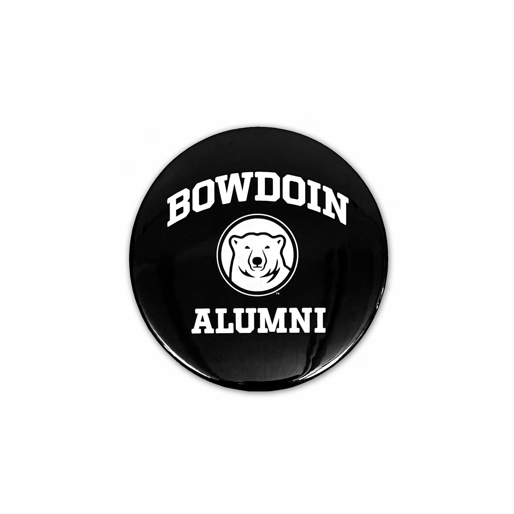 A round black button pin featuring the white text 'BOWDOIN ALUMNI' and a white bear head logo in the center, shown on a plain white background.