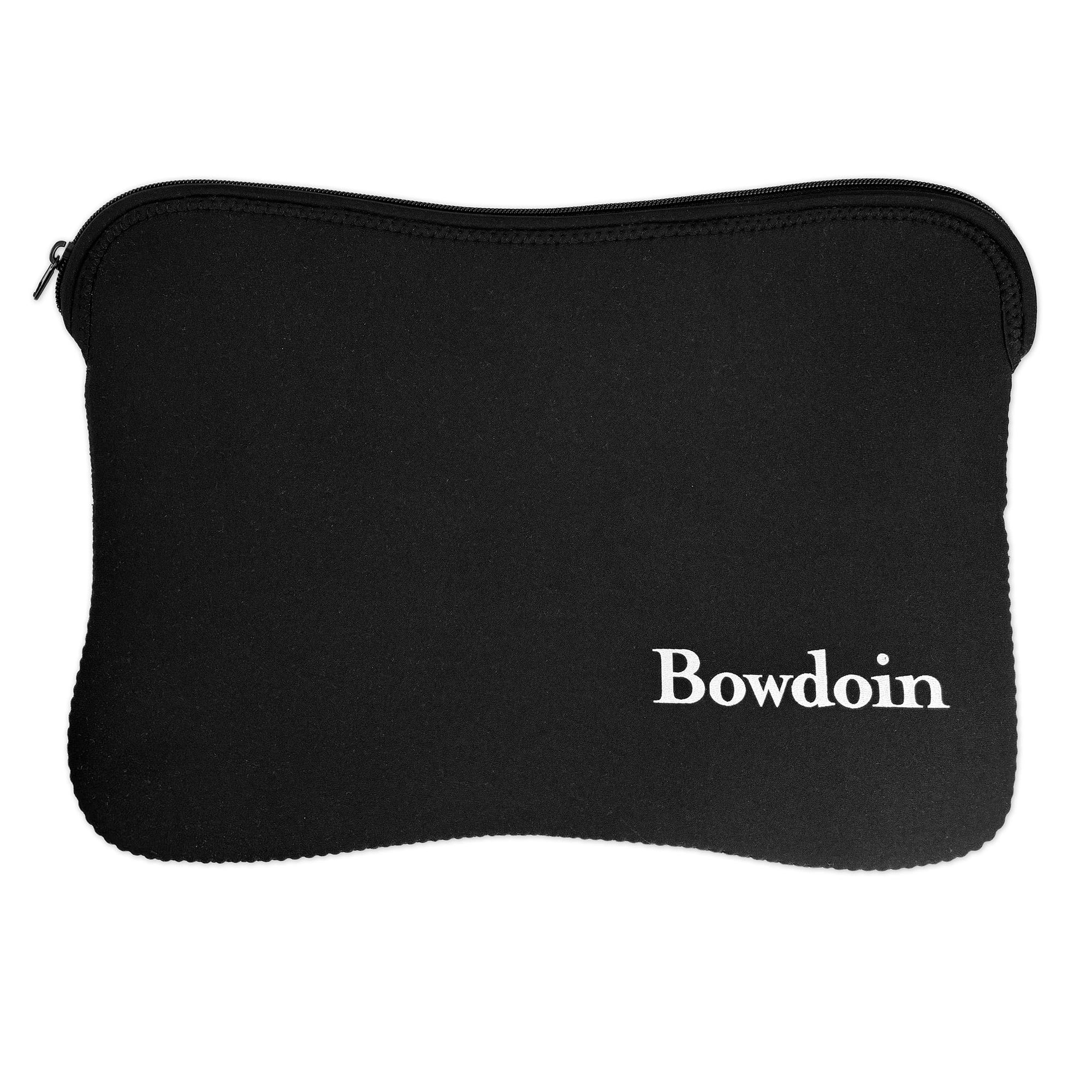 A black neoprene zippered laptop case with the brand name 'Bowdoin' printed in white serif font on the lower right, set against a plain white background.