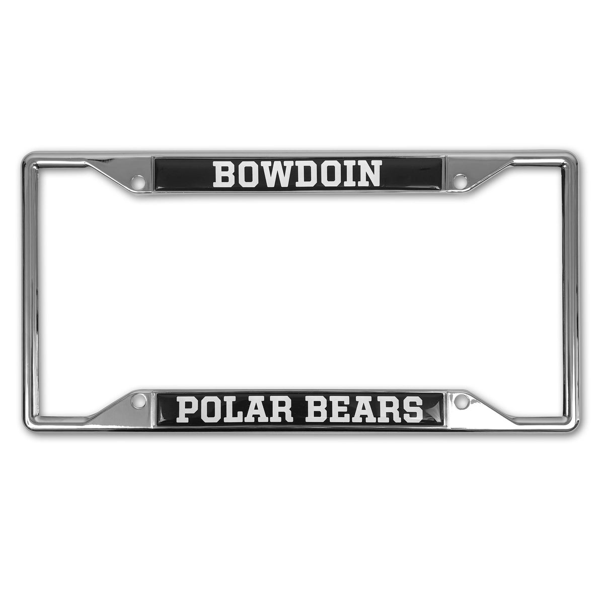 A chrome license plate frame with black end plates featuring the white text 'BOWDOIN' on the top and 'POLAR BEARS' on the bottom, shown on a plain white background.
