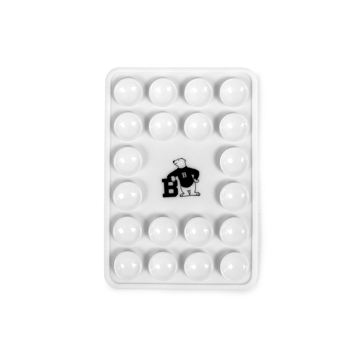 A white rectangular silicone sticker with 16 suction cups, featuring a black and white cartoon bear wearing a jersey with the letter 'B' in the center.