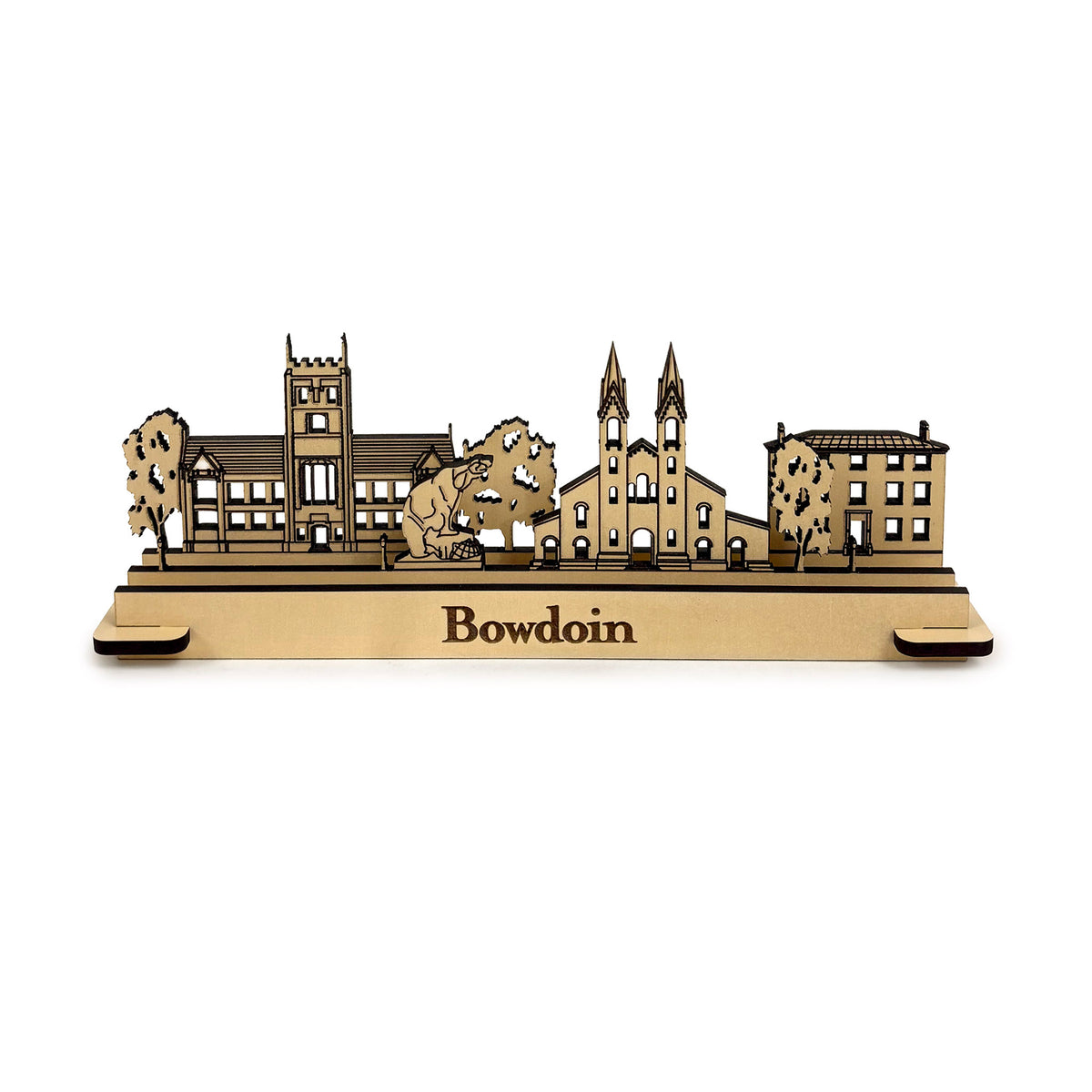Small wooden construction toy shaped like Bowdoin College buildings and trees.