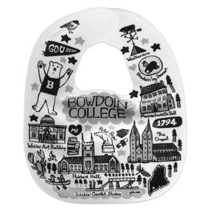 White baby bib with whimsical illustrations in black and grey of the Bowdoin mascot bear, the Wish Theater weathervane,  a chickadee, BOWDOIN COLLEGE, the Bowdoin chapel, the Bowdoin log dessert, the Schiller Coastal Studies Center, the Walker Art Building, the Hyde Plaza polar bear statue, and Massachusetts Hall.