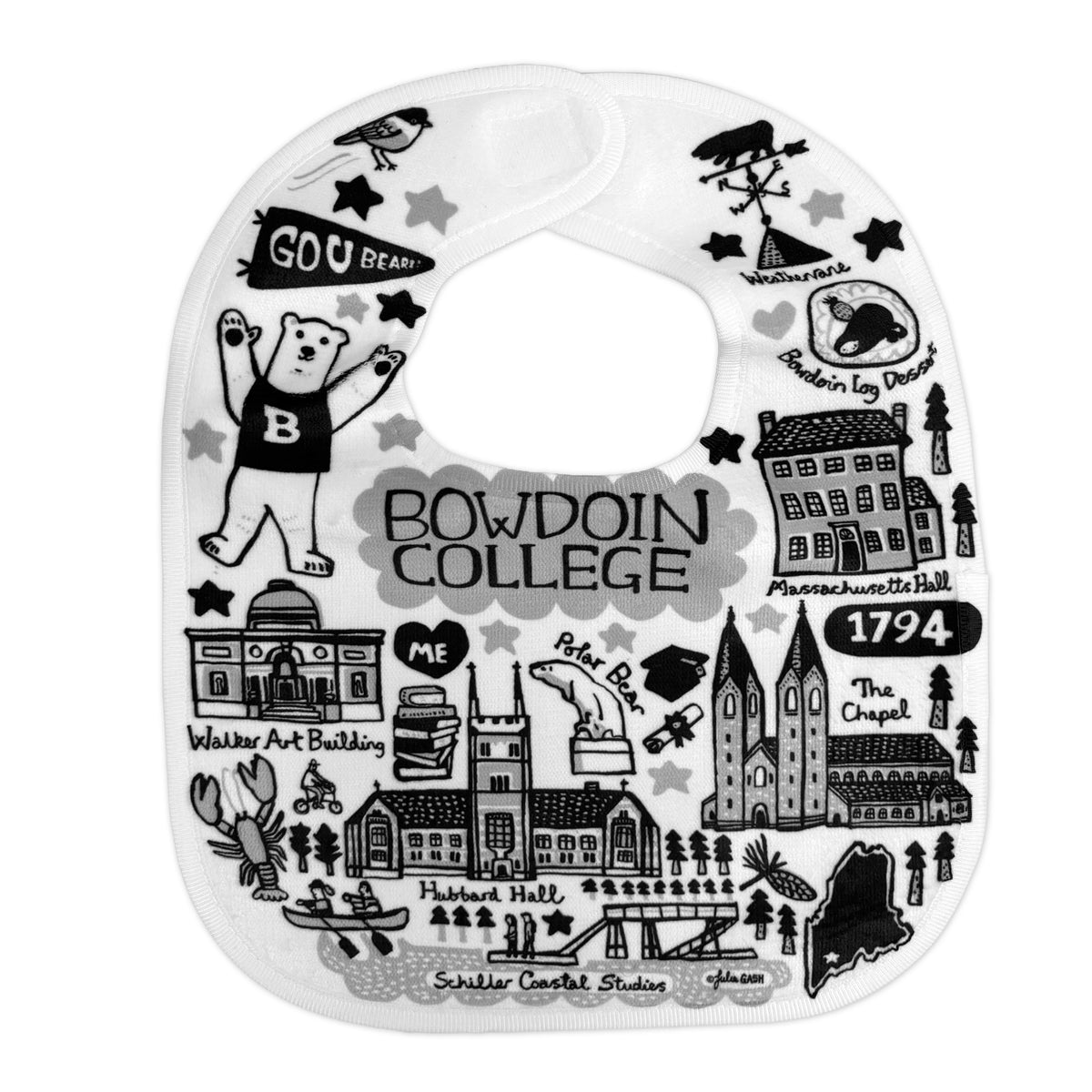 White baby bib with whimsical cartoon illustrations of Bowdoin College icons like Massachusetts Hall, the Bowdoin Log, the Polar Bear, and the Chapel.