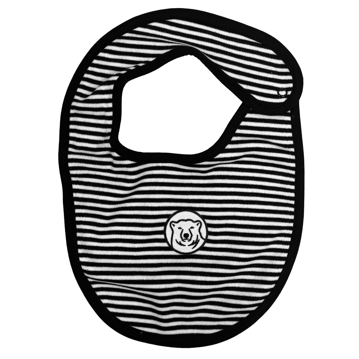 A black and white striped baby bib with a black border and a circular bear logo patch in the center, shown on a plain white background.