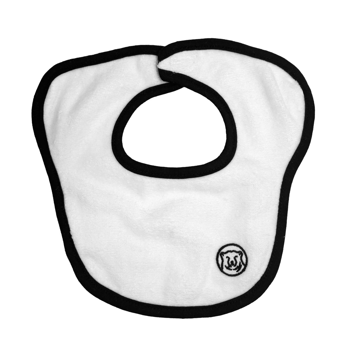 White terry bib with black trim and embroidered polar bear logo patch.