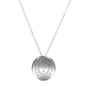 Silver necklace with slightly concave silver pendant engraved with the Bowdoin College seal.