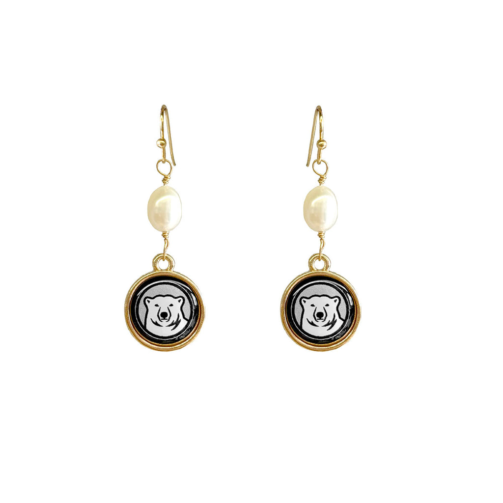 Gold tone earrings with a dangling pearl and mascot medallion pendant.