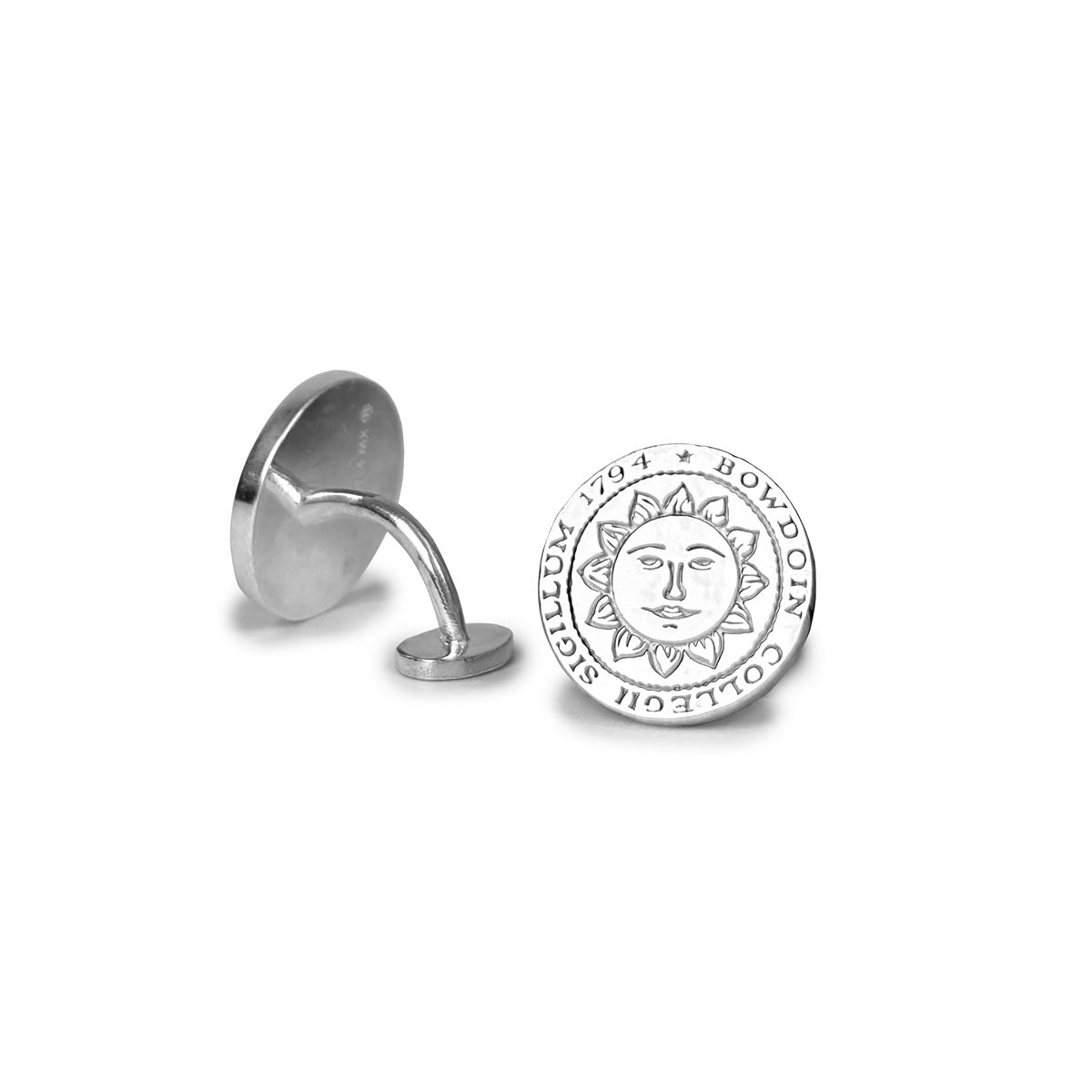 Silver Bowdoin College sun seal cufflinks.