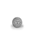 Silver lapel pin with round Bowdoin College sun seal on white background.